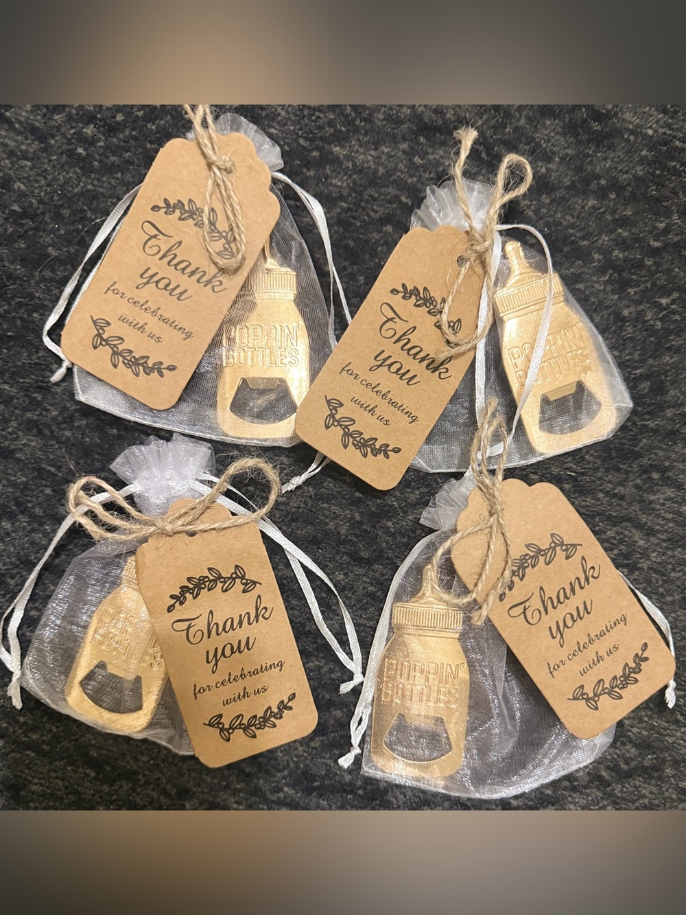 32 Gold Bottle Opener Baby Shower Favor with Kraft Thank You Tag
